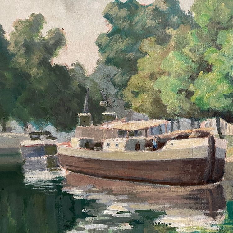 Oil on canvas XXth barge on the banks of the Erdre Nantes