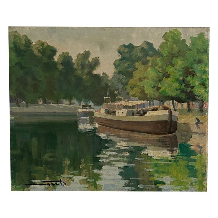 Oil on canvas XXth barge on the banks of the Erdre Nantes