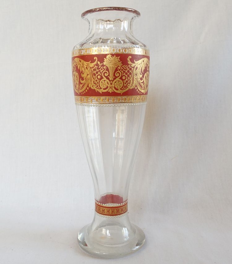 Vase en cristal de Baccarat émaillé et doré de style Renaissance vers 1910 - étiquette papier