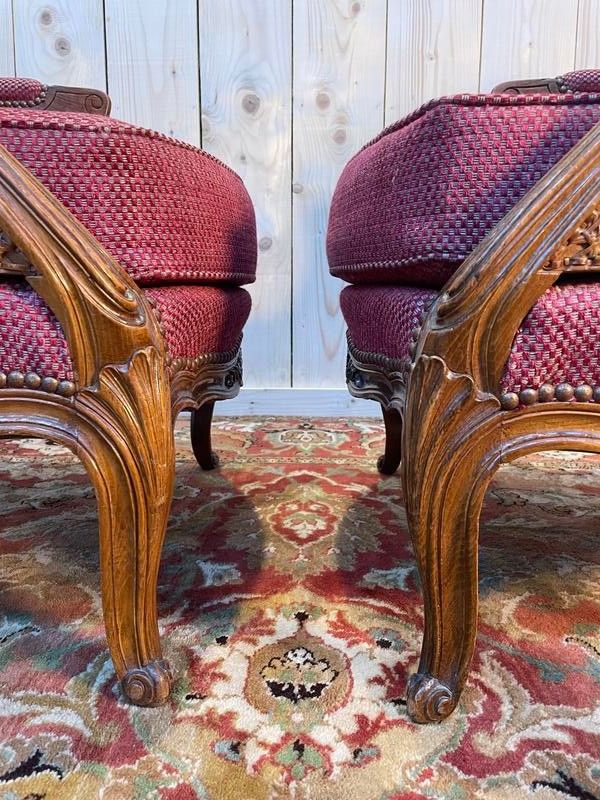 Paire de fauteuils - bergères de style Louis XV en cannage 