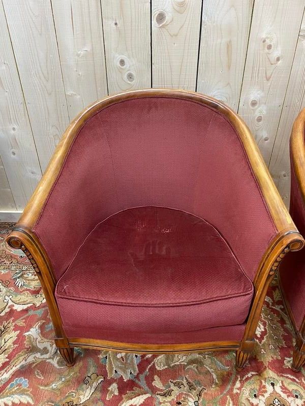 Pair of Art Deco style barrel armchairs