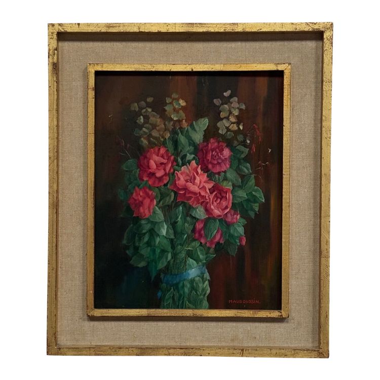 Huile sur bois nature morte bouquet de roses XXe par Mauboussin