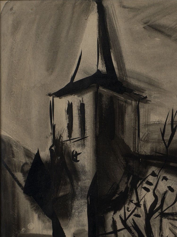 Tinte Kohle auf Papier XX. Landschaft mit Kirche 1950