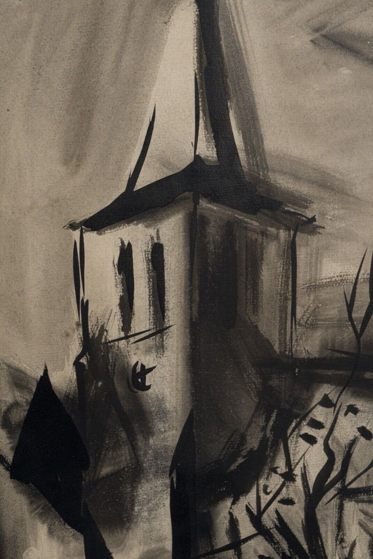 Tinte Kohle auf Papier XX. Landschaft mit Kirche 1950