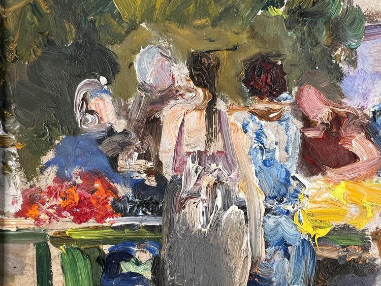 Pittura - Scena di mercato a Murom, 1981 - Olio su isorel firmato Besperstov