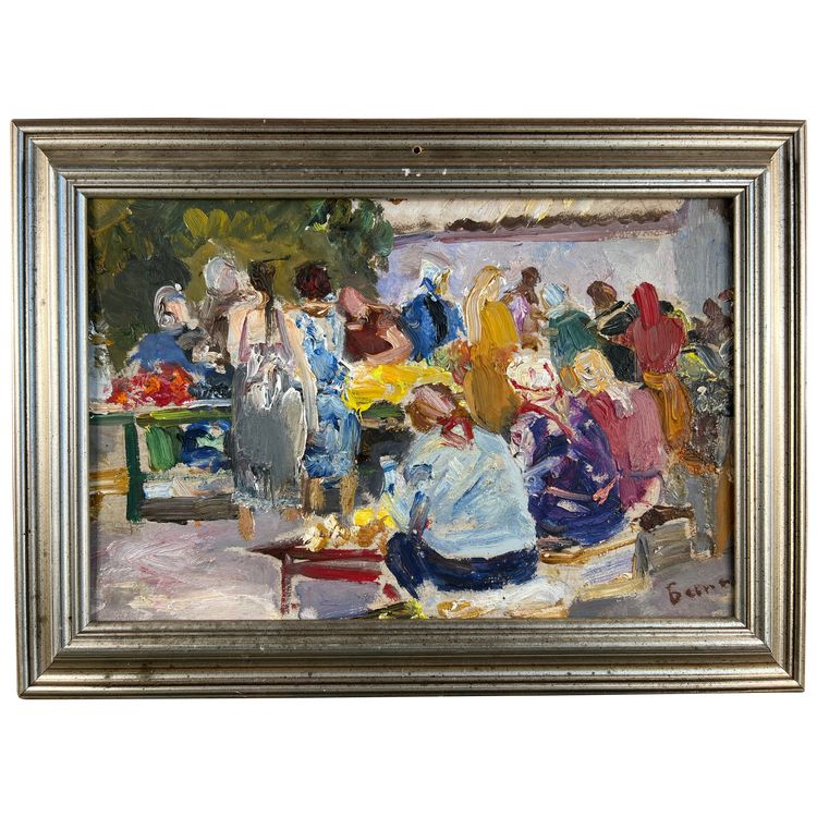 Pittura - Scena di mercato a Murom, 1981 - Olio su isorel firmato Besperstov