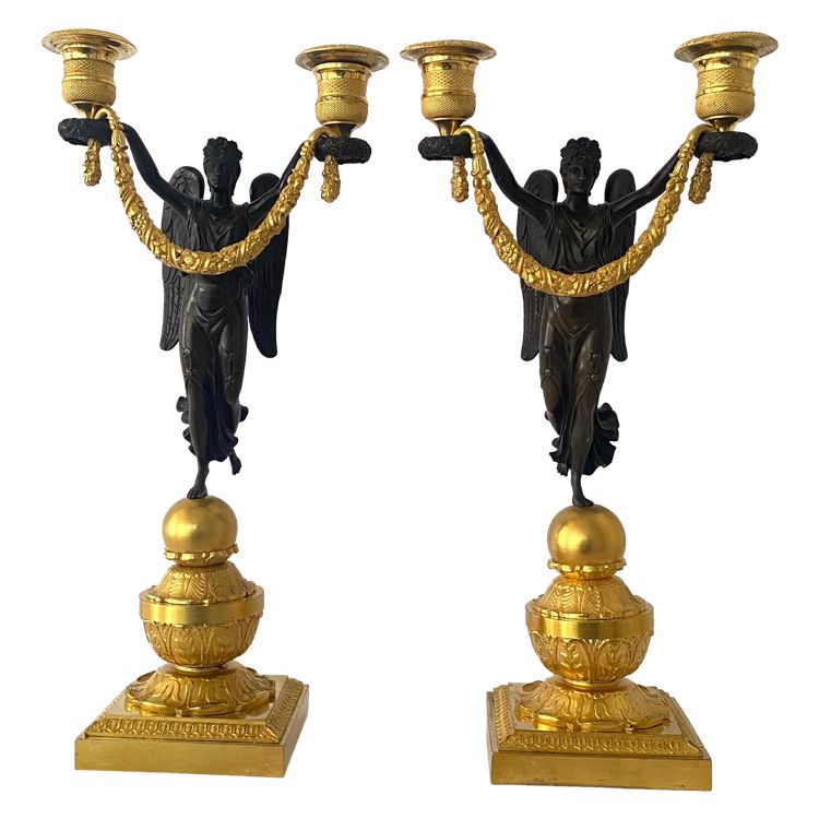 Coppia di candelabri  in bronzo dorato e patinato, epoca Impero