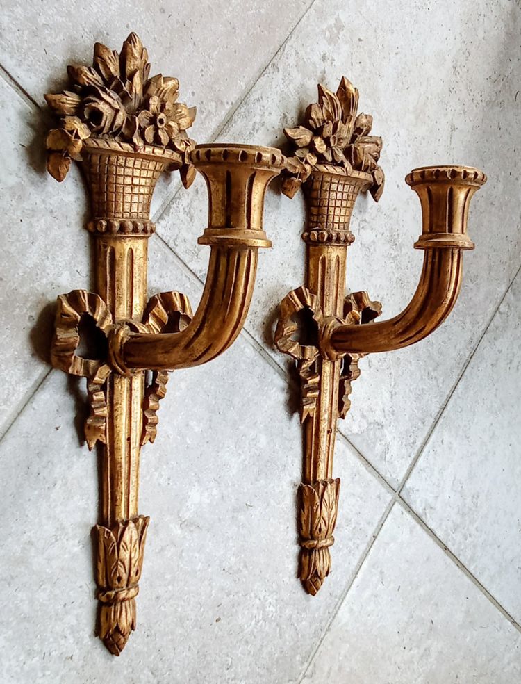 Pair of Louis XVI style gilded wood sconces 19th century