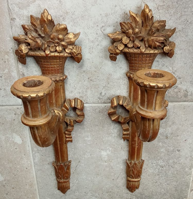 Pair of Louis XVI style gilded wood sconces 19th century